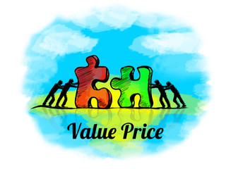 Illustration.Business concept of teamwork with jigsaw puzzle. Value Price