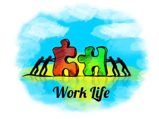 Illustration.Business concept of teamwork with jigsaw puzzle. Work Live