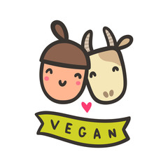 Happy girl and cow. Vegan hand drawn vector cartoon illustration
