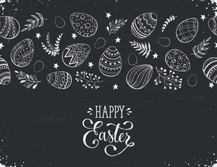 Easter eggs composition hand drawn black on white background. Decorative horizontal stripe from eggs with  leaves and calligraphic wording.