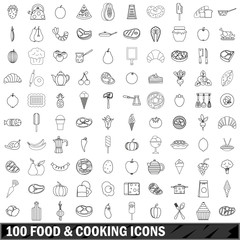 100 food and cooking icons set, outline style