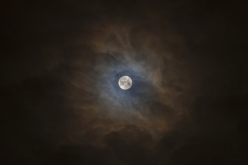 Naklejka na ściany i meble Full moon and white clouds on black night sky