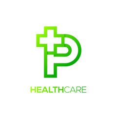 Letter P cross plus logo Green color,Medical healthcare hospital Logotype
