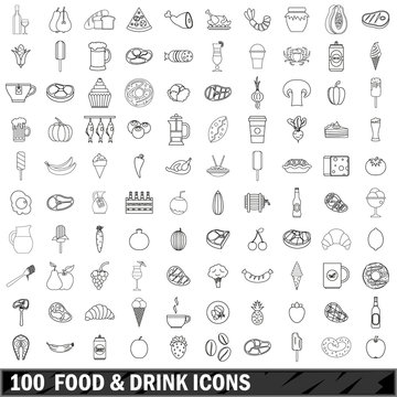 100 food and drink icons set, outline style