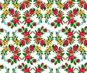 Wallpapers or textile. Color circle  bouquet of flowers (roses, chamomile and cornflowers) using traditional Ukrainian embroidery elements. Seamless. Pattern. Can be used as pixel-art.