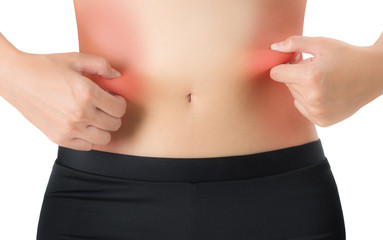 woman pinches fat on the belly with red highlighted, Isolated on white background.