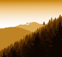   Panorama of mountains. Silhouette of mountains with snow and coniferous trees. Golden autumn. Can be used as eco banner.