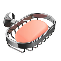 кусок розового туалетного мыла в металлической решетчатой настенной мыльнице, на белом фоне