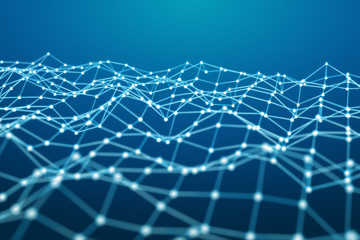 Floating white and blue dot network 3D rendering