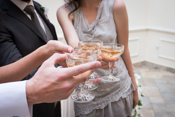 Champagne glasses. Wedding guests clinking champagne glasses with the newlywed&rsquo;s, outdoors. Toast. 