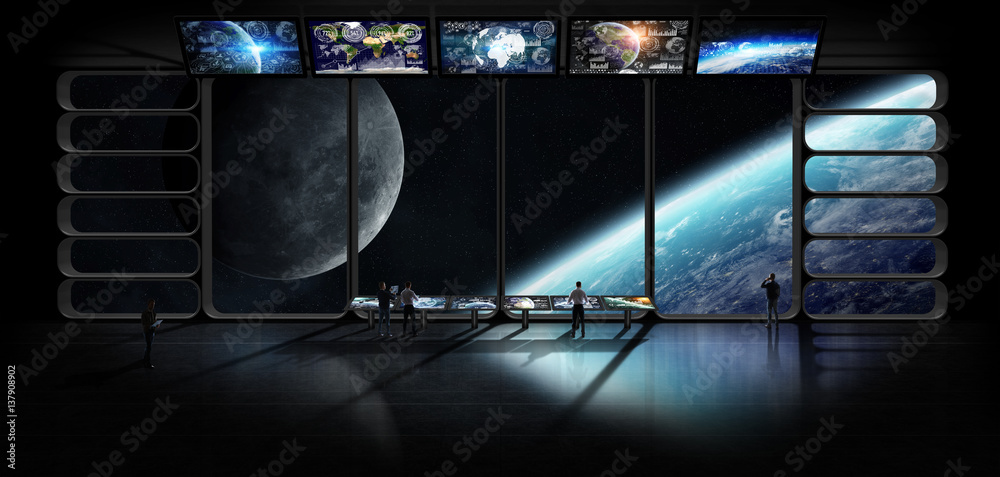 Poster Group of scientists observing the planet earth 3D rendering elements of this image furnished by NASA