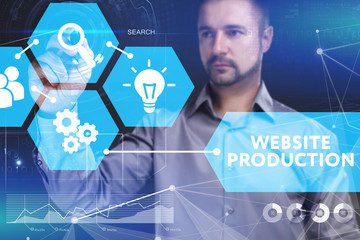 Business, Technology, Internet and network concept. Young businessman shows the word on the virtual display of the future: Website production