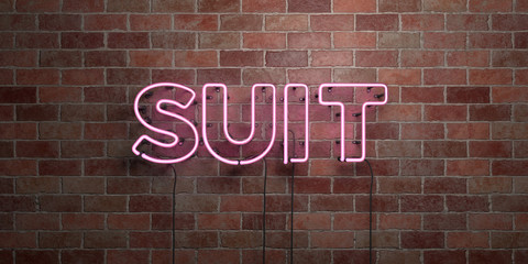 SUIT - fluorescent Neon tube Sign on brickwork - Front view - 3D rendered royalty free stock picture. Can be used for online banner ads and direct mailers..
