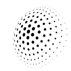 Abstract halftone 3D sphere of circle dots in radial arrangement. Simple modern design vector element in black and white.