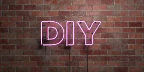 DIY - fluorescent Neon tube Sign on brickwork - Front view - 3D rendered royalty free stock picture. Can be used for online banner ads and direct mailers..