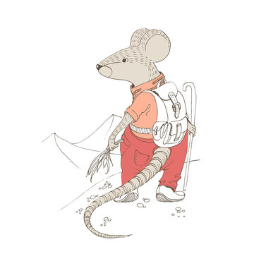 Vector mouse pants and jacket standing on a mountain with a backpack