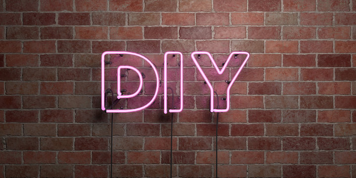 DIY - fluorescent Neon tube Sign on brickwork - Front view - 3D rendered royalty free stock picture. Can be used for online banner ads and direct mailers..