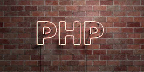 PHP - fluorescent Neon tube Sign on brickwork - Front view - 3D rendered royalty free stock picture. Can be used for online banner ads and direct mailers..