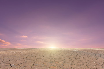 Soil drought cracked landscape on sunset sky background