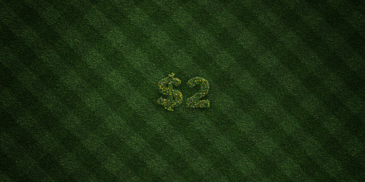 $2 - fresh Grass letters with flowers and dandelions - 3D rendered royalty free stock image. Can be used for online banner ads and direct mailers..