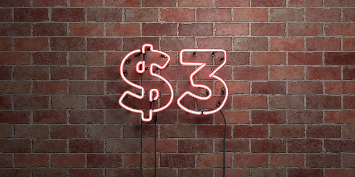 $3 - fluorescent Neon tube Sign on brickwork - Front view - 3D rendered royalty free stock picture. Can be used for online banner ads and direct mailers..