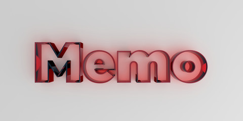 Memo - Red glass text on white background - 3D rendered royalty free stock image.