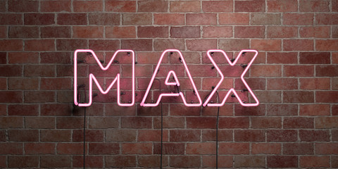 MAX - fluorescent Neon tube Sign on brickwork - Front view - 3D rendered royalty free stock picture. Can be used for online banner ads and direct mailers..