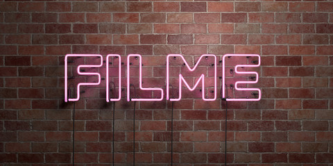 FILME - fluorescent Neon tube Sign on brickwork - Front view - 3D rendered royalty free stock picture. Can be used for online banner ads and direct mailers..