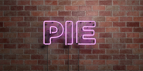 PIE - fluorescent Neon tube Sign on brickwork - Front view - 3D rendered royalty free stock picture. Can be used for online banner ads and direct mailers..
