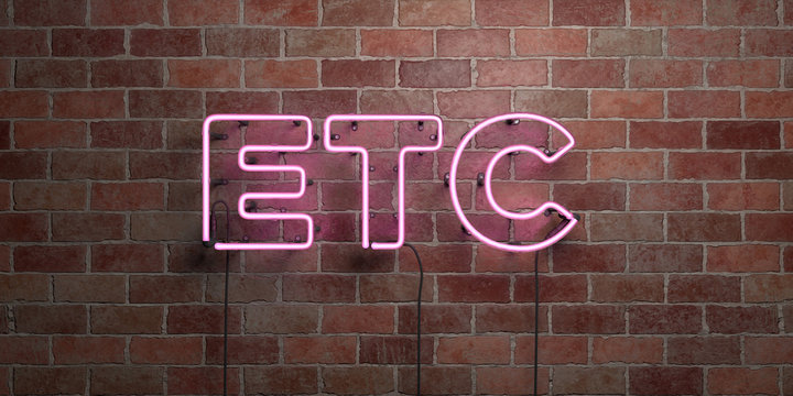 ETC - fluorescent Neon tube Sign on brickwork - Front view - 3D rendered royalty free stock picture. Can be used for online banner ads and direct mailers..