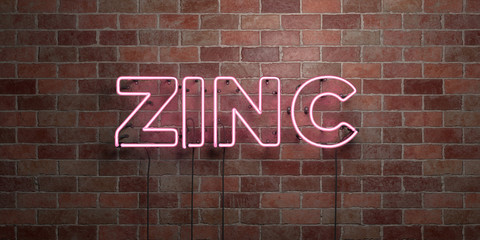 ZINC - fluorescent Neon tube Sign on brickwork - Front view - 3D rendered royalty free stock picture. Can be used for online banner ads and direct mailers..