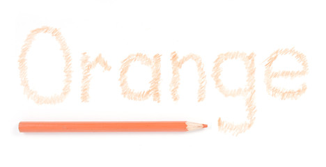  Word Orange on a white paper and the purple color pencil - 137910981