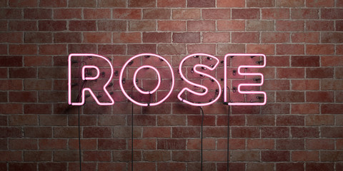 ROSE - fluorescent Neon tube Sign on brickwork - Front view - 3D rendered royalty free stock picture. Can be used for online banner ads and direct mailers..