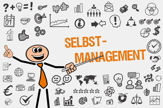 Selbstmanagement / Mann mit Symbole