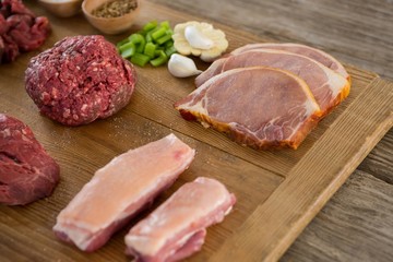 Varieties of meat and spices on wooden tray