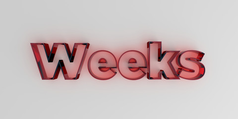 Weeks - Red glass text on white background - 3D rendered royalty free stock image.