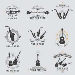 The emblem of the music festival. Logo music event. Musical instrument with an inscription and a place for text.