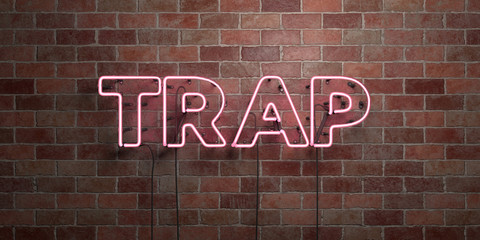 TRAP - fluorescent Neon tube Sign on brickwork - Front view - 3D rendered royalty free stock picture. Can be used for online banner ads and direct mailers..