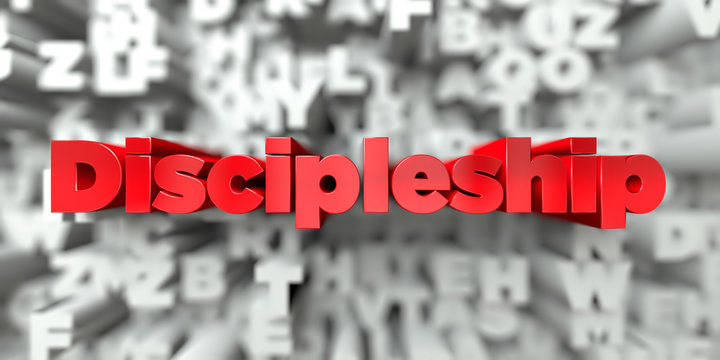 Discipleship -  Red text on typography background - 3D rendered royalty free stock image. This image can be used for an online website banner ad or a print postcard.