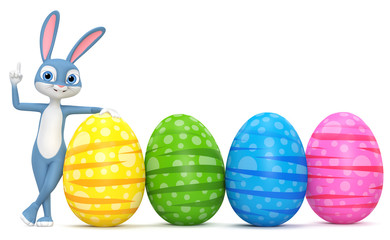 Happy Easter bunny isolated on white background eggs with finger pointing up. 3D rendered Illustration.