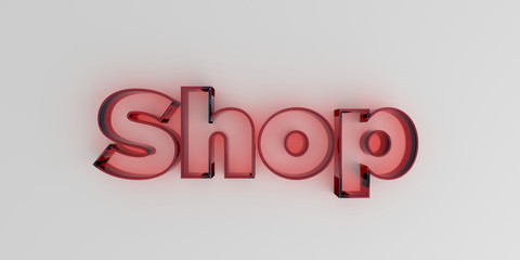 Shop - Red glass text on white background - 3D rendered royalty free stock image.
