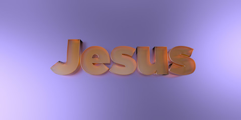 Jesus - colorful glass text on vibrant background - 3D rendered royalty free stock image.