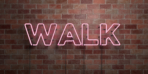 WALK - fluorescent Neon tube Sign on brickwork - Front view - 3D rendered royalty free stock picture. Can be used for online banner ads and direct mailers..