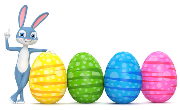 Happy Easter bunny isolated on white background eggs with finger pointing up. 3D rendered Illustration.