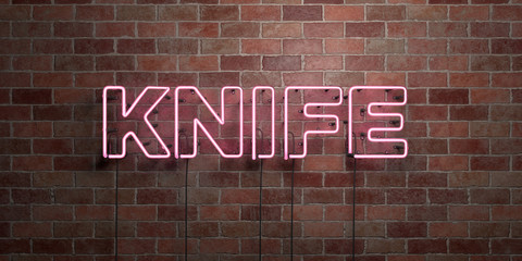 KNIFE - fluorescent Neon tube Sign on brickwork - Front view - 3D rendered royalty free stock picture. Can be used for online banner ads and direct mailers..