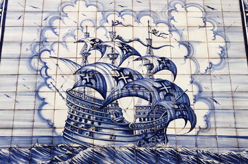 Azulejos depicting a portuguese caravel ship