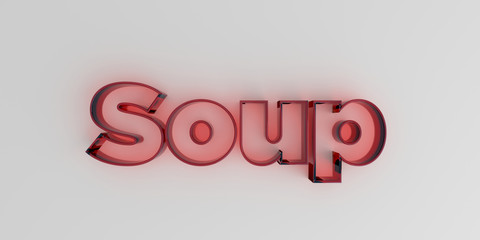 Soup - Red glass text on white background - 3D rendered royalty free stock image.