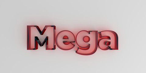 Mega - Red glass text on white background - 3D rendered royalty free stock image.