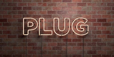 Fototapeta premium PLUG - fluorescent Neon tube Sign on brickwork - Front view - 3D rendered royalty free stock picture. Can be used for online banner ads and direct mailers..
