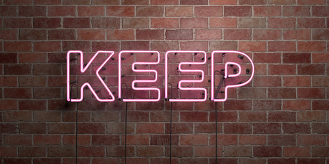 KEEP - fluorescent Neon tube Sign on brickwork - Front view - 3D rendered royalty free stock picture. Can be used for online banner ads and direct mailers..